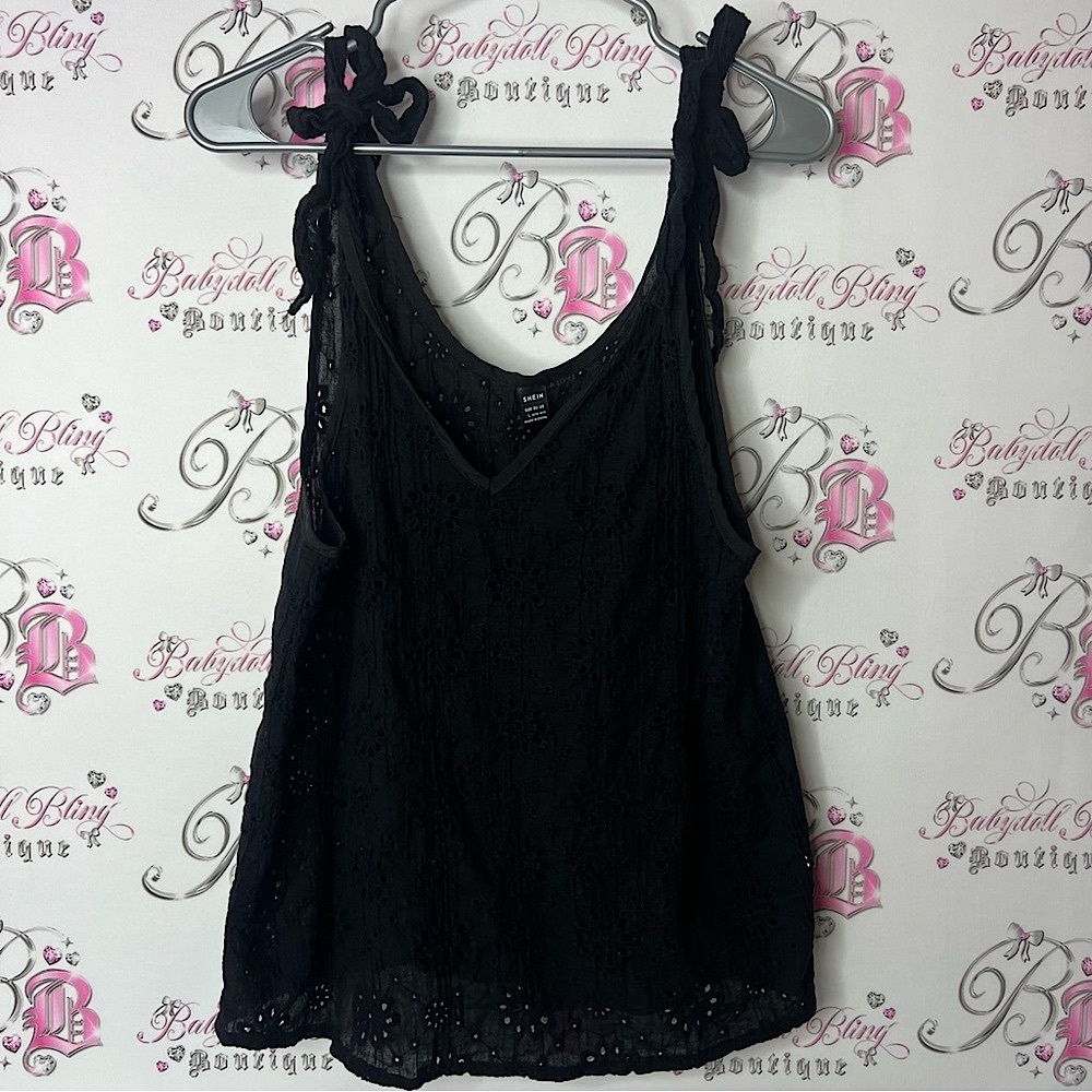 SHEIN tank top embroidered Black Sleeveless Tie Front Backless Tank Top